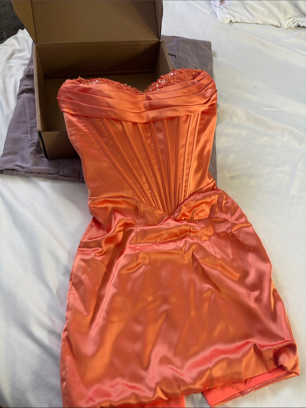 Strapless Satin Chemise in Coral Orange with Beaded Bust. Used once size 00